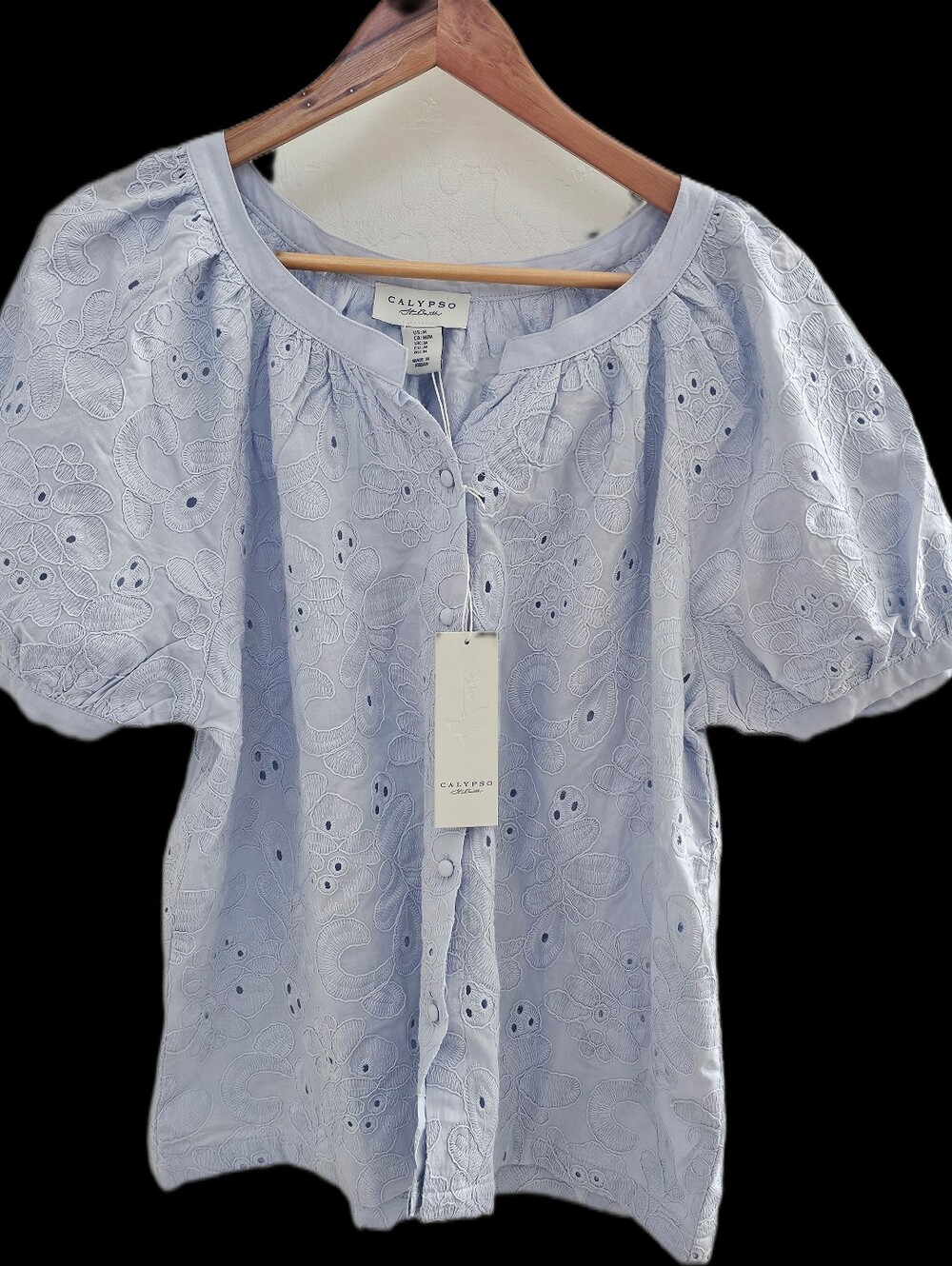 Calypso St. Barth Light Blue Eyelet Puff Sleeve Blouse - Picture 1 of 7
